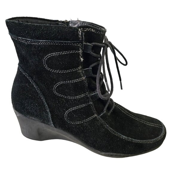 Aerosoles Black Suede Leather Bootie Womens Sz 11 Zip + LaceUp Rubber Wedge Sole - Picture 4 of 9